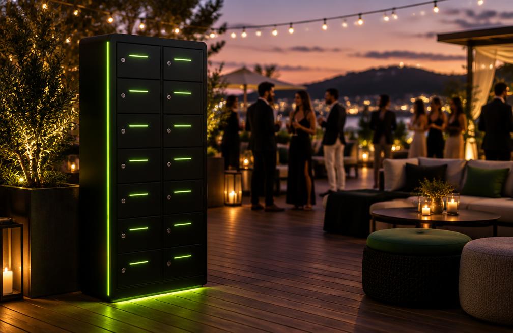 Concept charging cabinet at an outdoor evening event with string lights